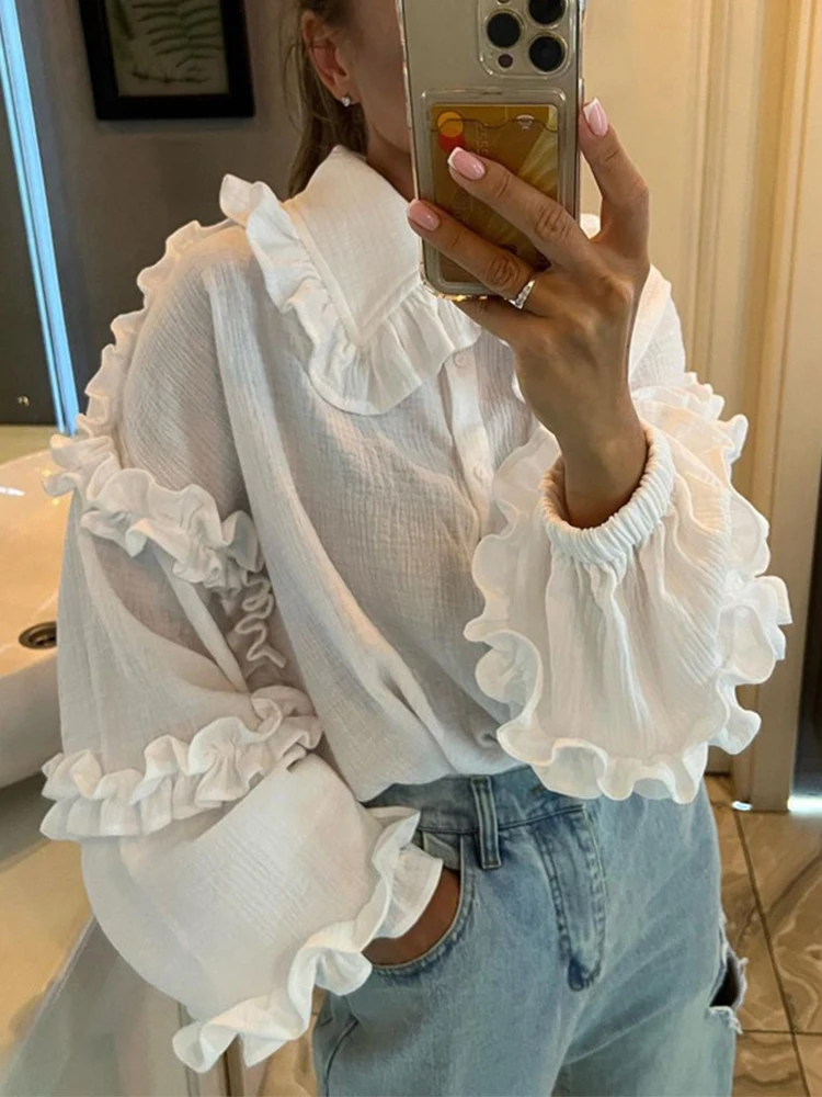 

Spring 2024 White Shirt Women Peter Pan Collar Ruffled Female Vintage Lantern Sleeve Loose Top Blouse Cotton French Style 47923