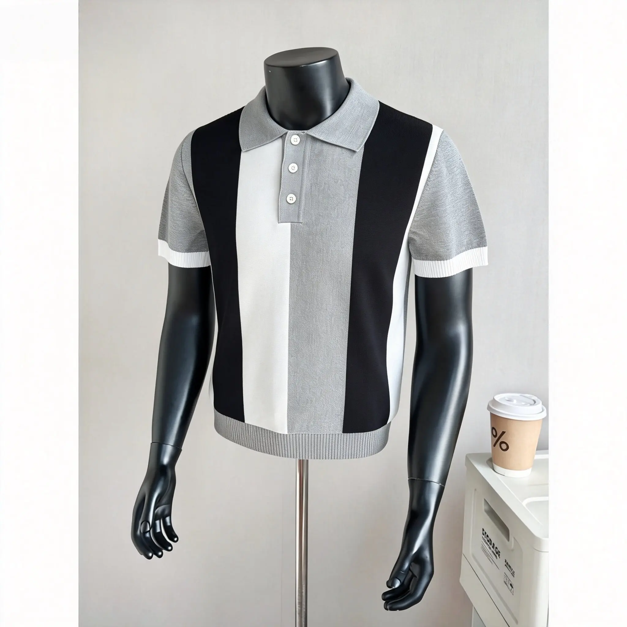 British Style Contrasting Knitted Polo Shirt for Men Ice Silk Is Cool Business Casual Lapel T-shirt Social Office Men's Clothing