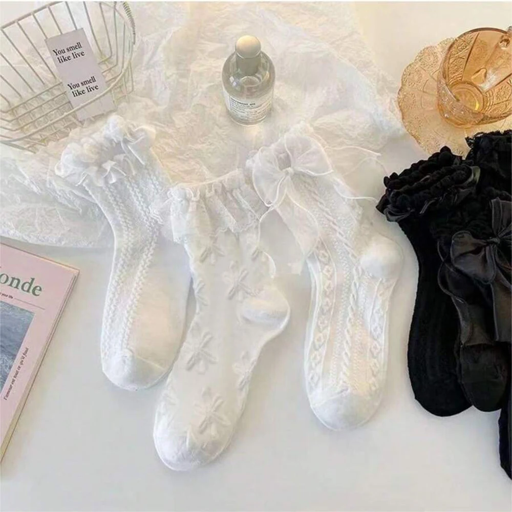 6Pairs Women Butterfly Bow Decoration Fashionable Round Neck Socks Versatile Suitable Daily Life Soft Comfortable Casual Socks