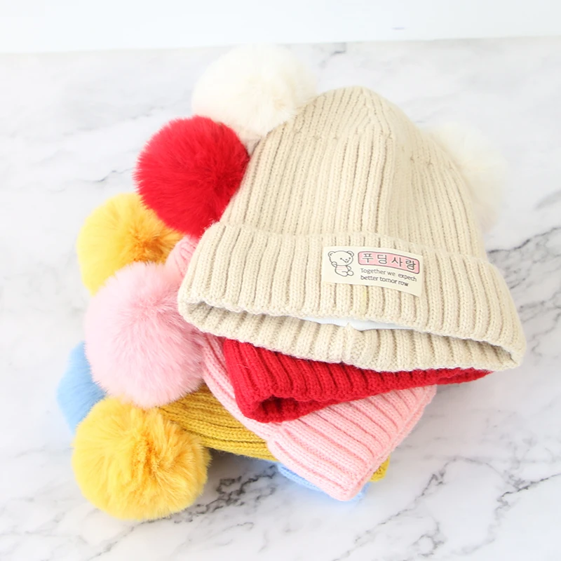 Cute Double Pompom Baby Knitted Hat Winter Thicken Warm Infant Boys Girls Cap Beanie Korean Solid Color Toddler Kids Hat Bonnet