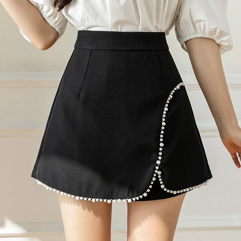 

Fashion irregular beading skirt shorts women luxury pearls high waist aline slim woman shorts skirt summer new shorts feminino