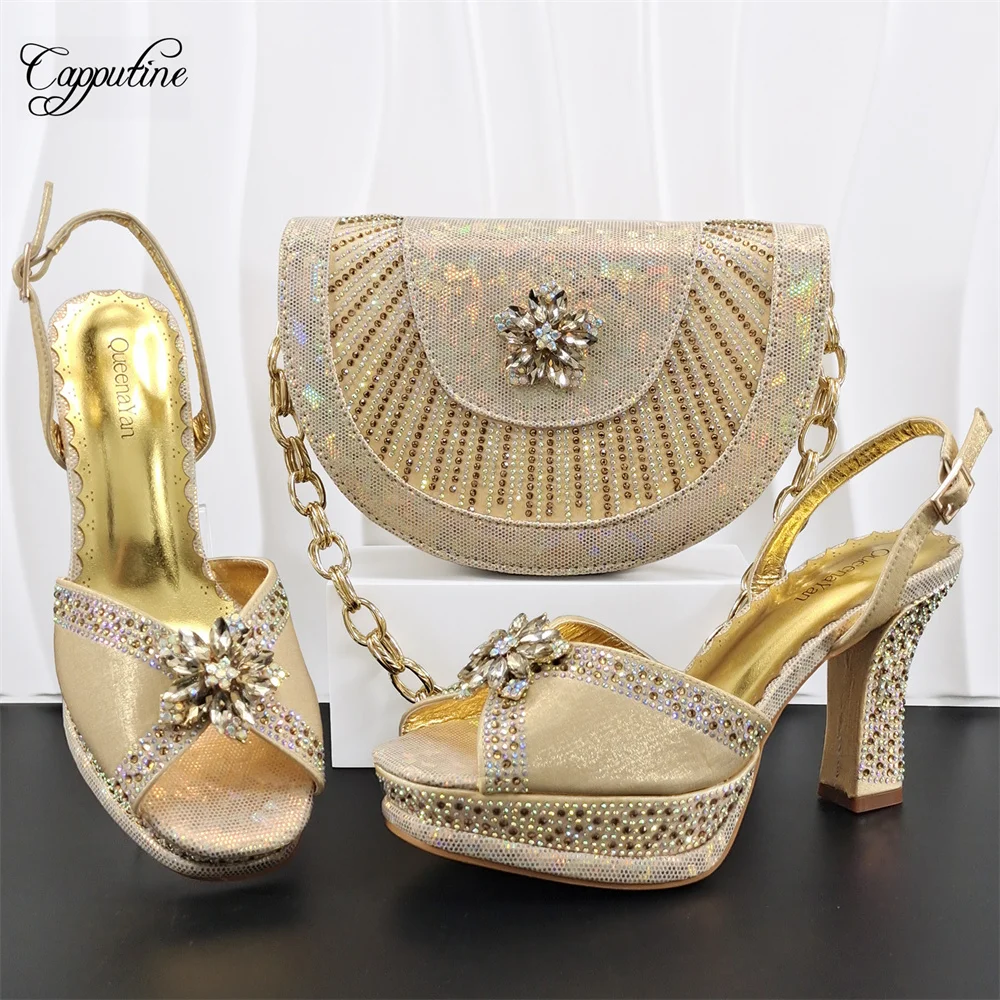Goldfarbenes Damen-Schuh- und Taschen-Set, luxuriöse afrikanische Sommer-Damen-High-Heels-Sandalen, passend zu Handtaschen-Pumps, Femmes Sandales YS-6