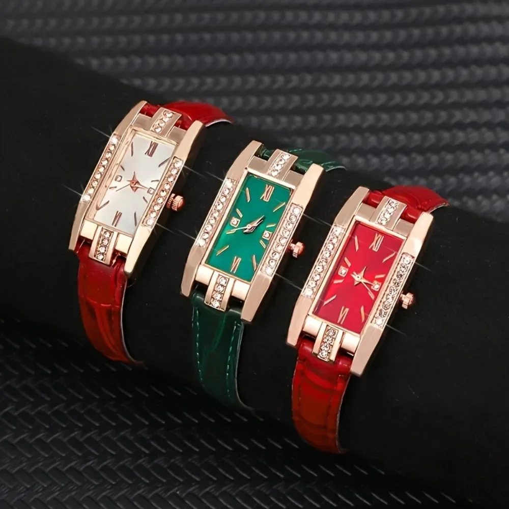 3pcs/ Set Elegant Women's Watche Square Pu Leather Female Watch Simple Casual Student Quartz Watch Suitable for Daily Wear