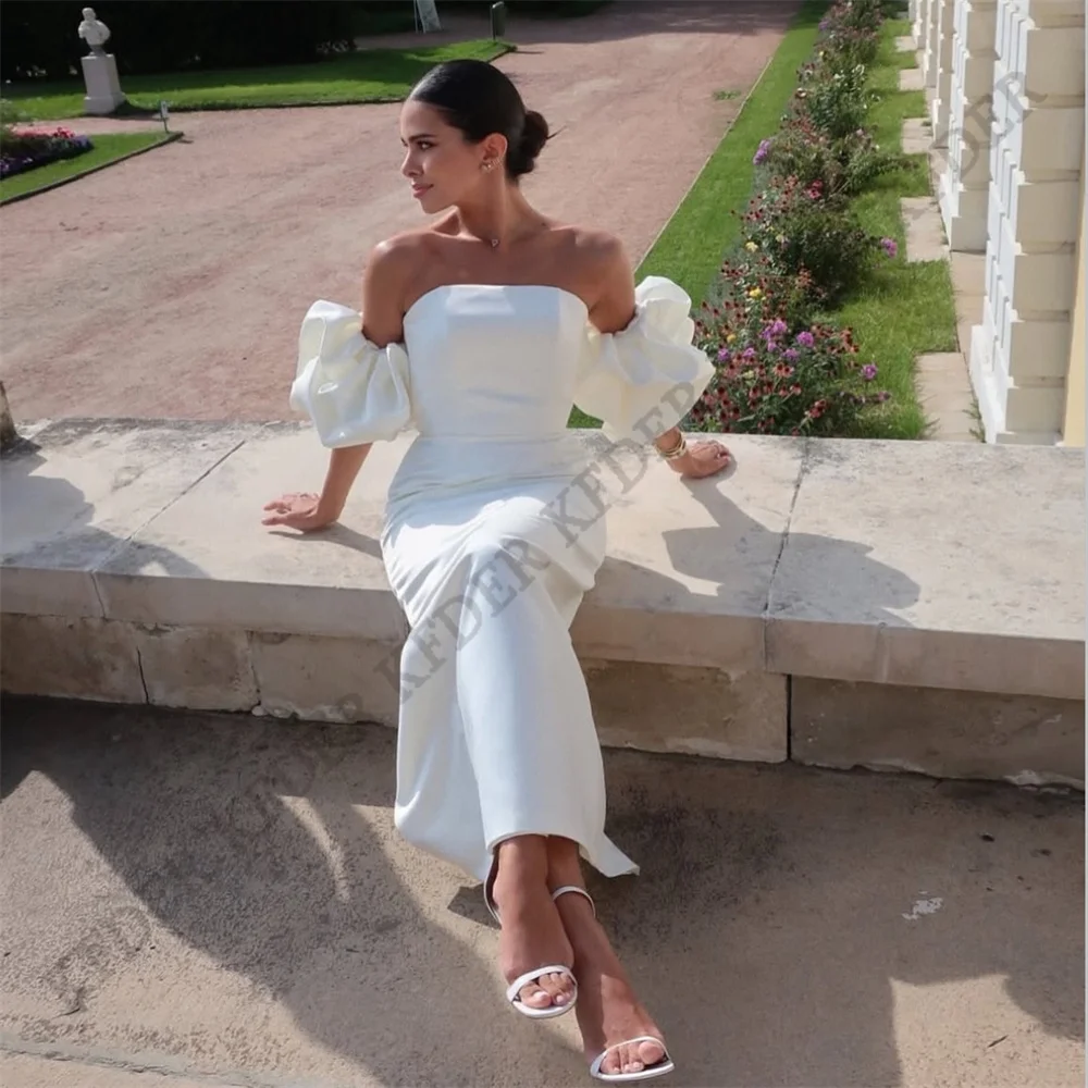 Simple Ivory Wedding Dress Strapless Tea Length Short Sleeves Satin Formal Bride Princess Party Bridal Gown Dresses
