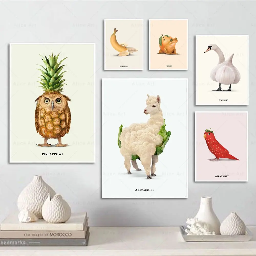 Funny Fruit Vegetables Food Animal Poster Alpaca Flamingo Turtle Canvas Painting Nordic Wall Art Pictures for Kitchen Home Decor