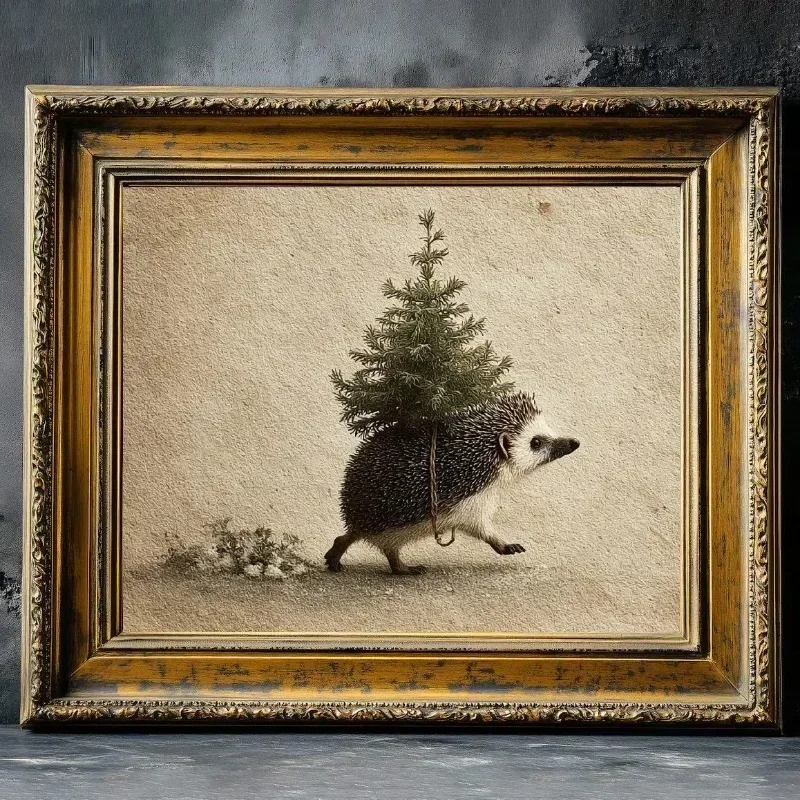 Vintage Christmas Canvas Wall Art Cute Hedgehog Carrying Small Xmas Tree Retro Winter Animal Print Frameless Canvas Poster