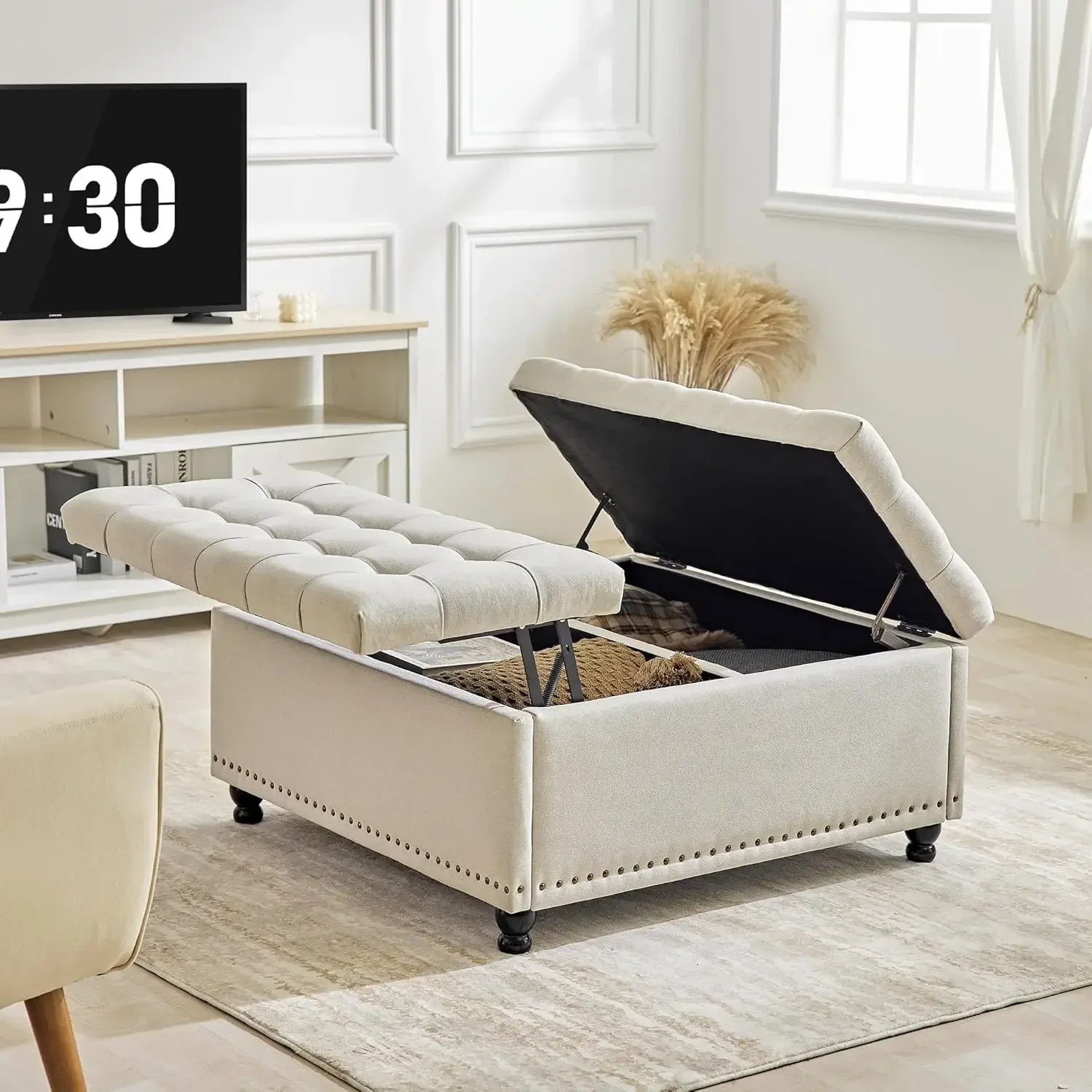 Redlife 35 Inch Large Square Storage Ottoman, Storage Ottoman Coffee Table with Lift Top Linen Ottomans Bench Square Footrest Ov