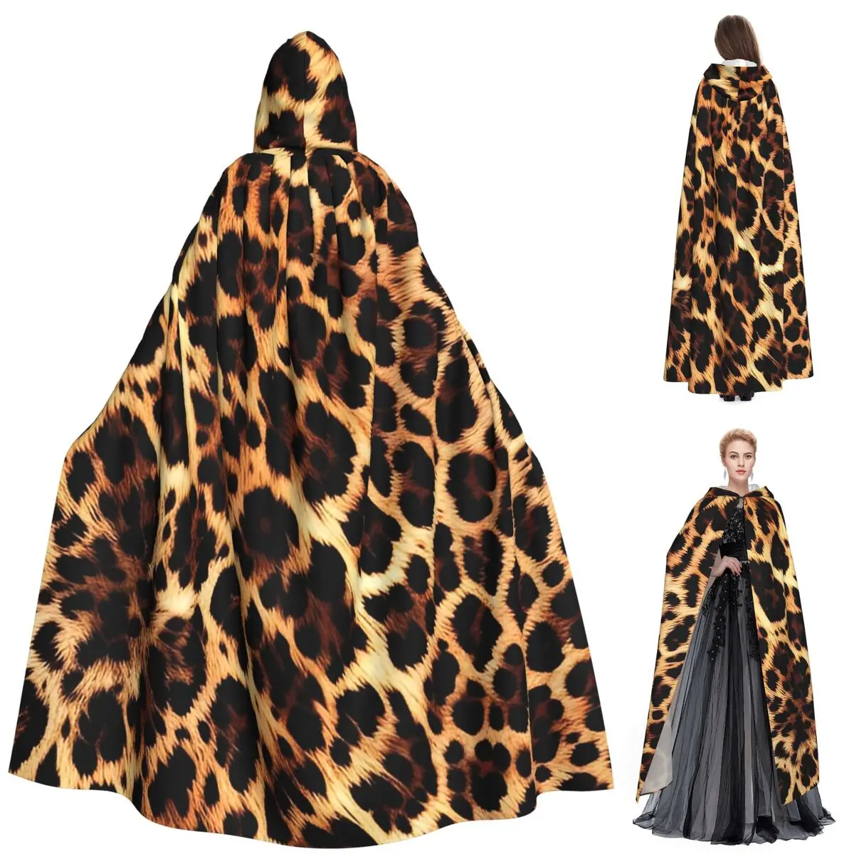 

Leopard Skin Pattern Long Hooded Cloak Witch Medieval Costume Cosplay Cape HalloweenVampire Adult Unisex