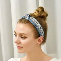 Boho Rhinestone Faux Pearl Knotted Headband Shiny Sequin Head Hoop Elegant Hair Accessories For Women Girls Wide Band Gifts