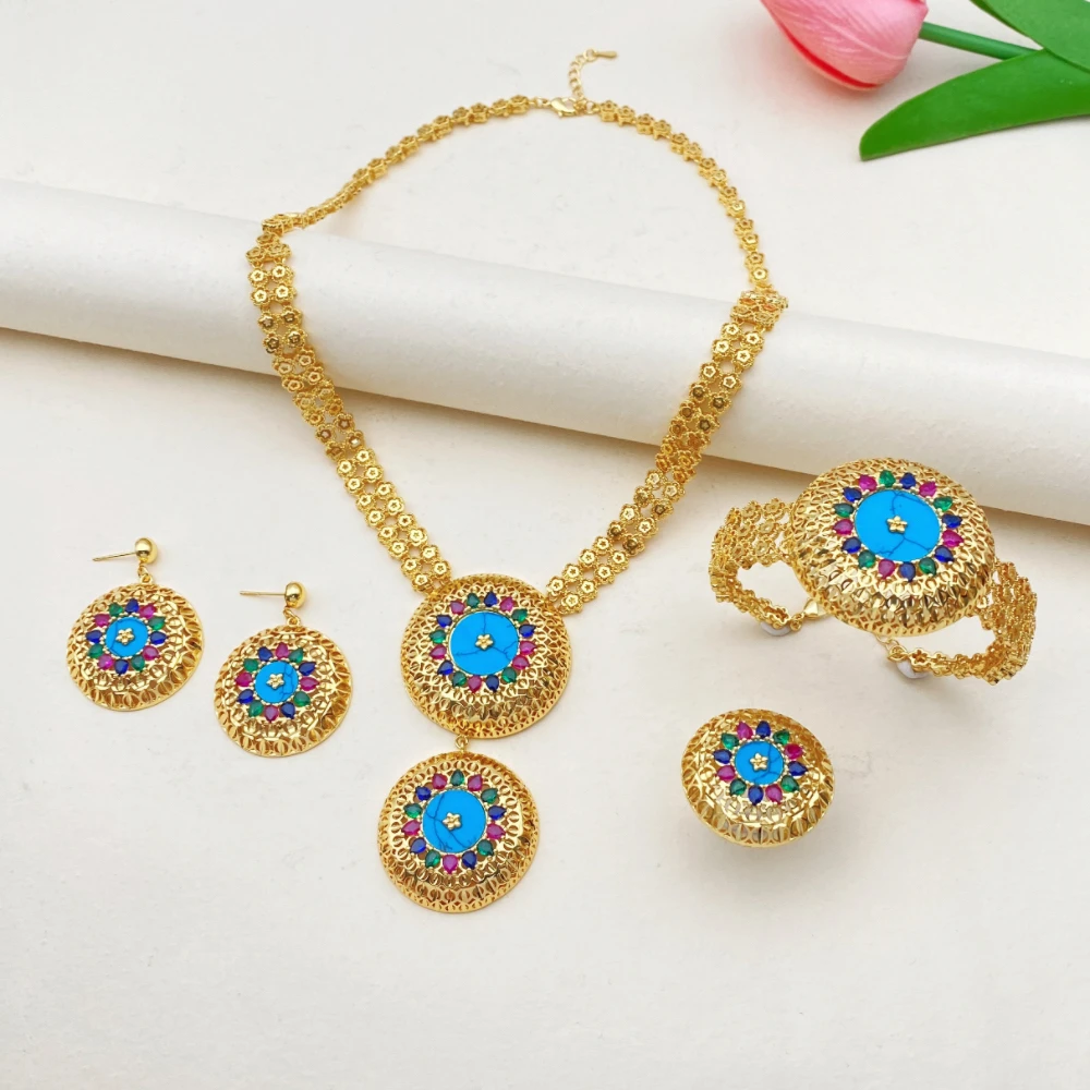 Falair Luxury Bridal Jewelry Set Gold Plated Copper Artificial Zircon Necklace Bracelet Ring Earrings Dubai Wedding Party