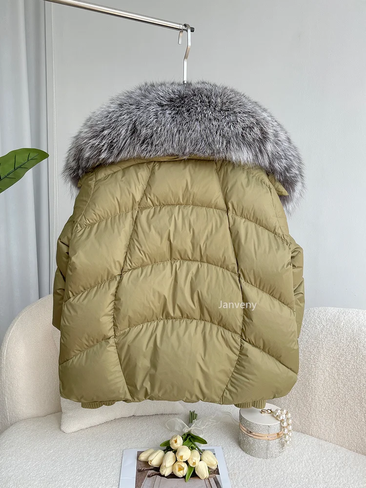 Janveny Large Real Silver Fox Fur Collar 2026 White Duck Down Jacket Women Winter Luxury Puffer Coat Oversize Feather Outwear