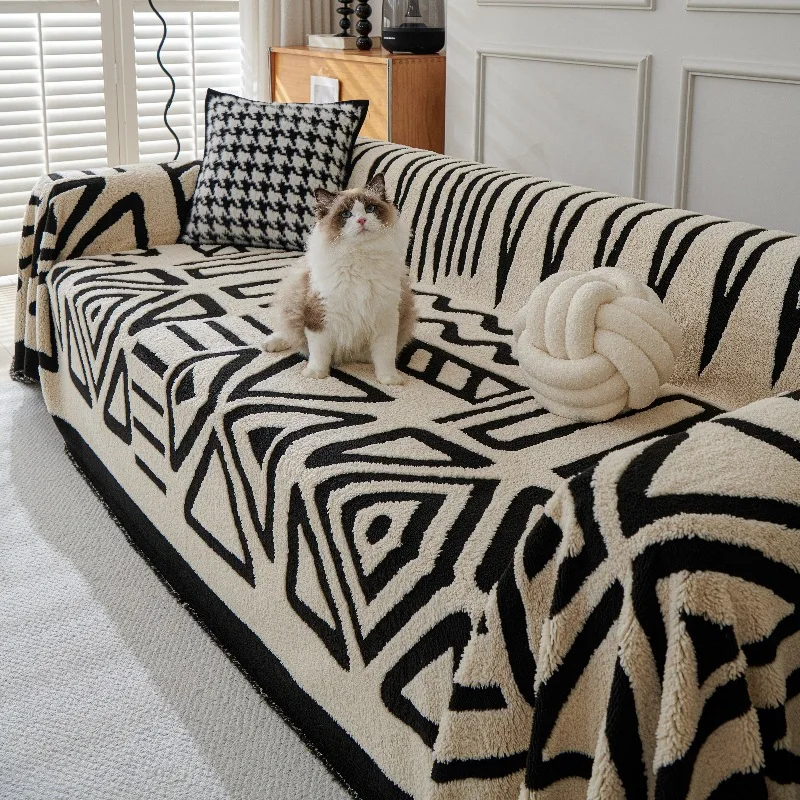 Polar Fleece Plush Sofa Cover Cloth Thickness Anti Slip Sofa Towel Geometric Print Couch Seat Cushion Mat Full Coverage Blanket view 2