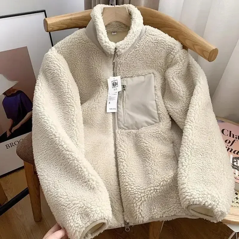 Autumn and Winter Japanese Men\'s and Women\'s Fleece Stand Neck Jacket Couple Zipper Loose Warm Lamb Wool Coat Solid color jacket