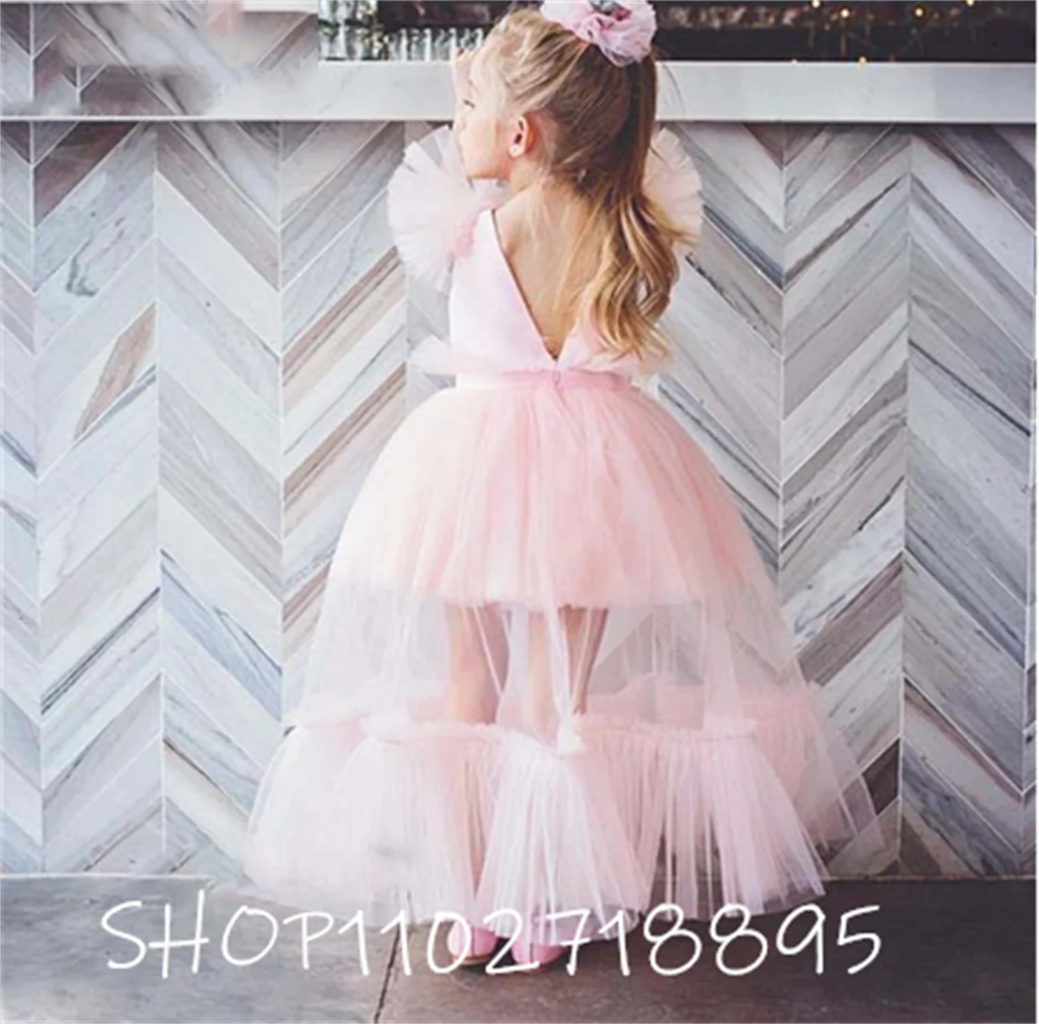 Elegant Princess Dress Pink Tulle Flower Girl Dress Cap Sleeves Custom Made Girls Cloth Longo Kids Birthday Dress