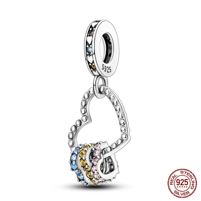 Fit  925 Original Bracelet 100% 925 Sterling Silver Shining Colorful Zircon Heart Charms Beads Exquisite DIY Jewelry Gift