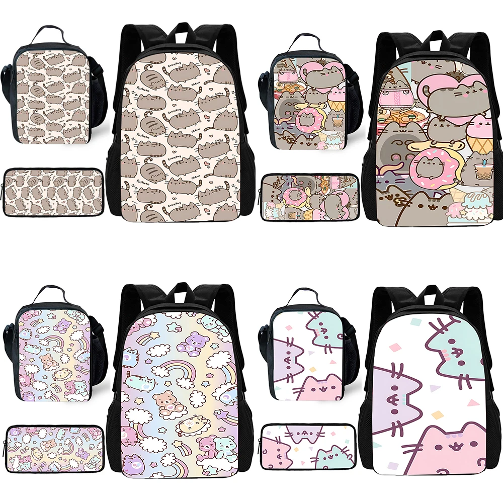 3 stücke Set niedlichen Anime Pusheens Katzen Kind Schul rucksack mit Lunch-Taschen, Bleistift-Taschen, Schult aschen für Jungen Mädchen beste