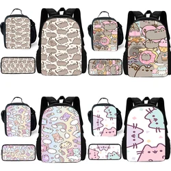 Anime Pusheens Cats Mochila Escolar, Lunch Bags, Lápis Bags, Meninos e meninas, Melhor Presente, Bonito, 3 Pcs Set