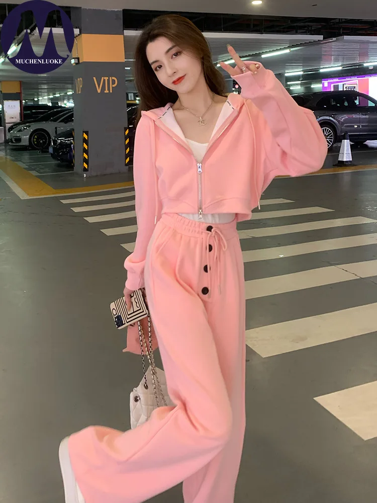 Elegant Long Sleeve Hooded Tops and Wide Leg Pants Set for Women, Thick Sports Suits, Casual Fashion, Spring, Summer, 2 Pcs