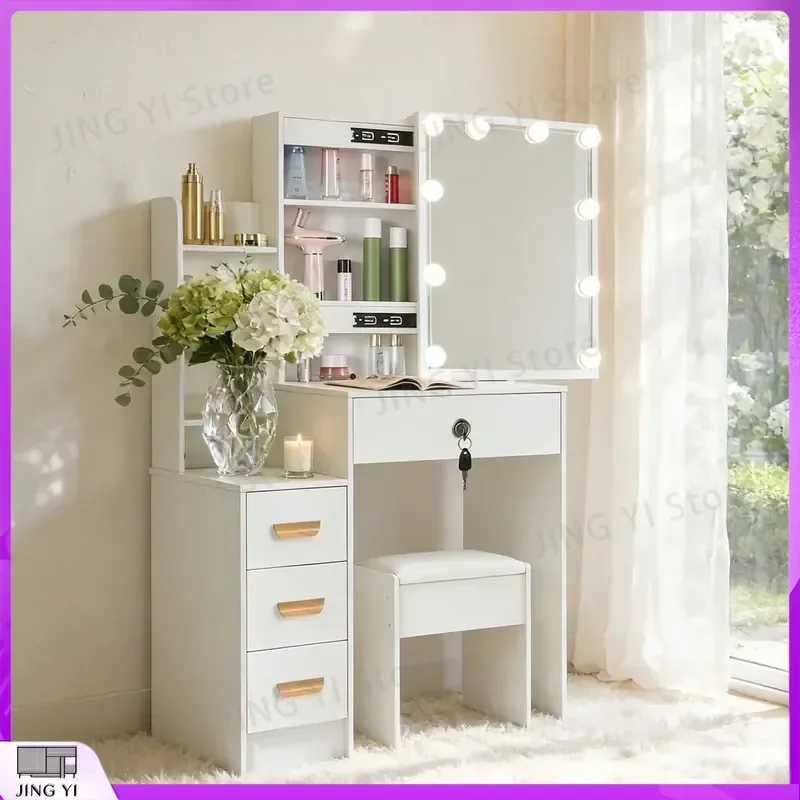 White LED Vanity Desk Set with 10 Bulbs 3 Color Dimmable Makeup Mirror Stool Storage Dressing Table for Women Bedroom