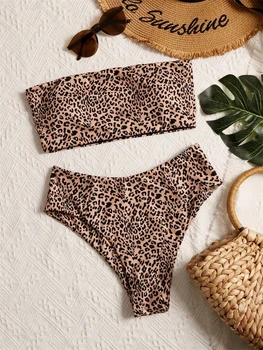 Bikini Frauen Badeanzug neue Bikinis Set Leopard Bandeau Bade bekleidung Sommer sexy hohe Taille zweiteiligen Strand Badeanzug weiblich