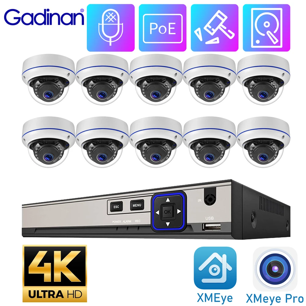 gadinan cctv security camera system 10 canais 4ch poe kit nvr gravacao de audio 4k dome metal casa ao ar livre video surveillance set 01