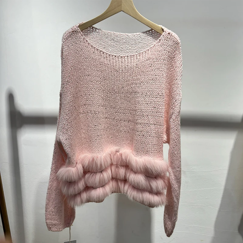 2025 donna primavera paillettes lucide design maglione di pelliccia sottile pelliccia di volpe naturale ragazza autunno maglione cappotto lavorato a maglia