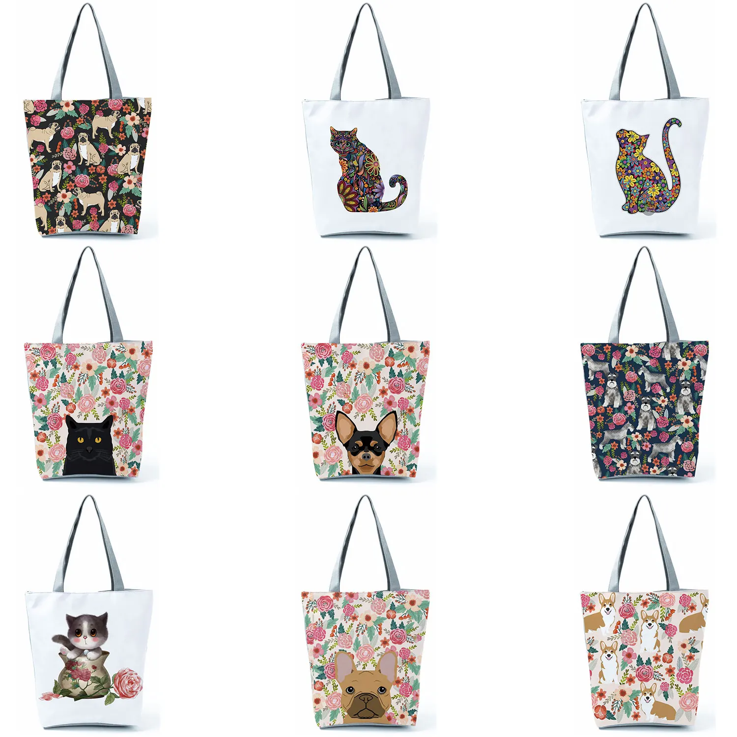 

Floral Pet Dog Cat Print Shopping Bags for Supermarket School Shoulder Bag Casual Traveling Reusable Handbags Custom Women Tote