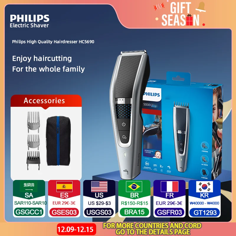 Philips HC5690 Tagliacapelli elettrico per uso domestico lavabile Tagliacapelli elettrico a 27 velocità regolabile