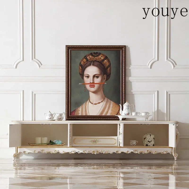 X3 French Court Solid Wood Carving Flower TV Cabinet Villa High-end Living Room Floor Cabinet European Painted Gold TV Cabinet