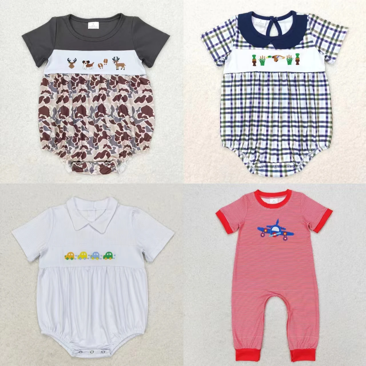 Wholesale Kids Newborn Embroidery One-piece Coverall Bodysuit Baby Boy Toddler Romper Children Jumpsuit Short Sleeves Clothes