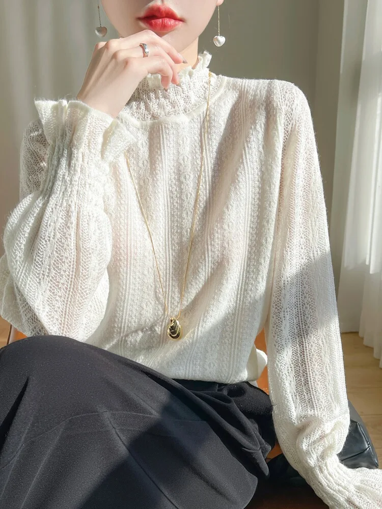 

eer Lace Base irt f Высокий воротник Полая тонкая внутренняя одежда со све Long Commute Sle Snowy eep Brand