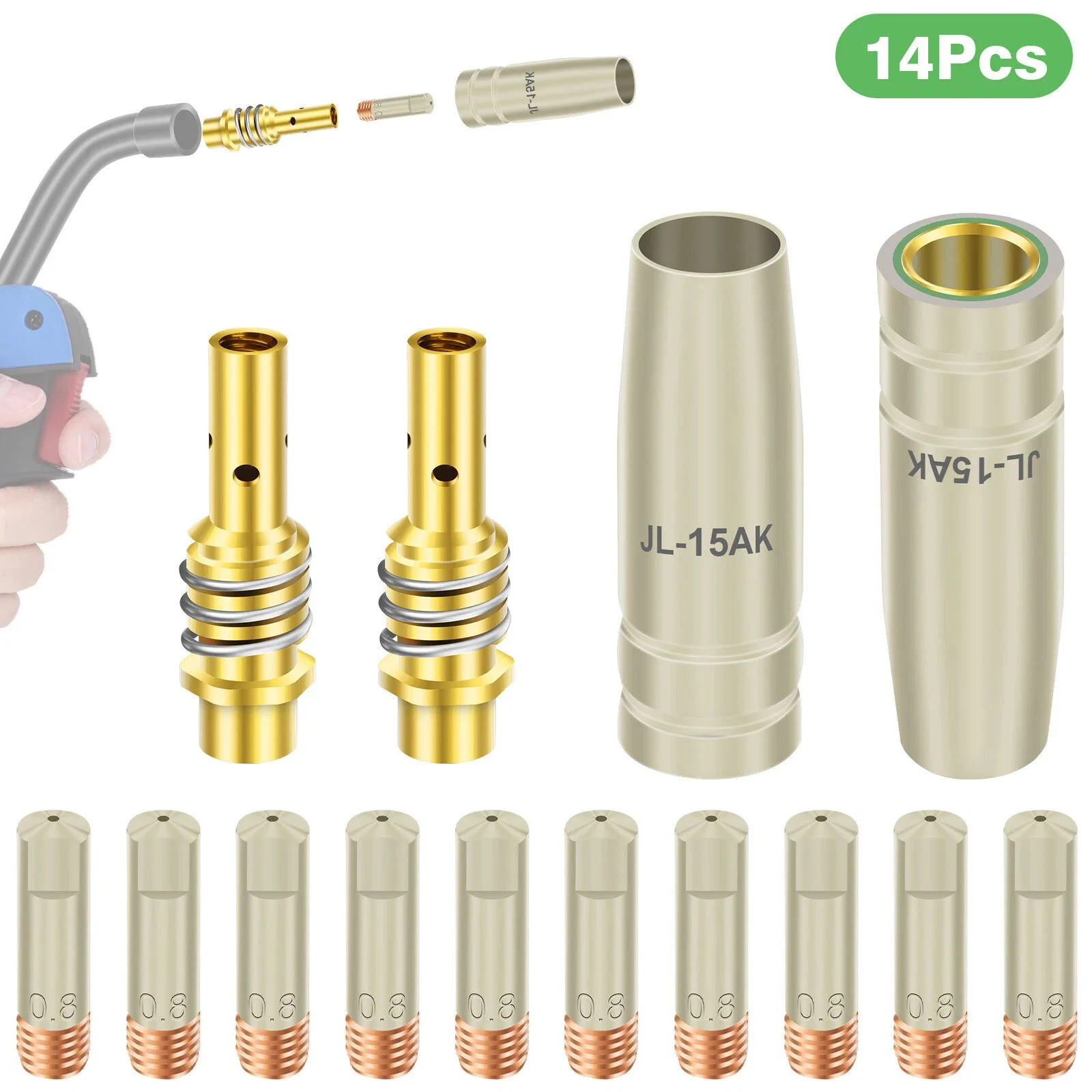 14Pcs/Set 15AK MIG MAG Welding Torch Kit 0.03'' 0.8mm M6 Contact Tip Nozzle Diffuser Compatible For 15AK MIG/MAG Welding Torch