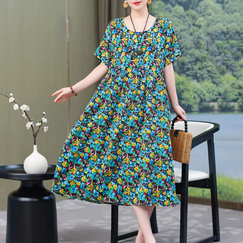 

New 2023 Summer Dress For Women Plus Size Dress Casual Short Sleeve Boho Vintage Print Long Maxi Dress Beach Women Clothing