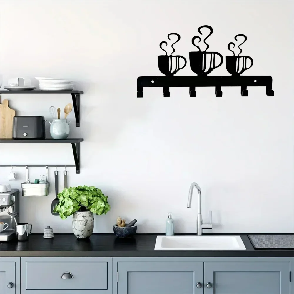 Coffee Cup Metal Key Holder Wall Mounted Key Rack Cloth Hanger Black Functional and Stylish Key Hanging with Coffee Cup Design