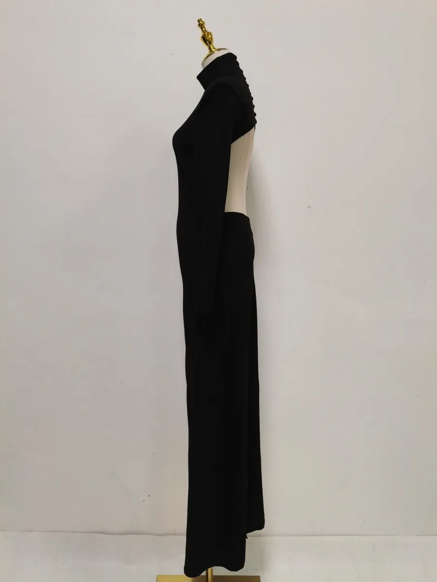 TWOTWINSTYLE Black Turtleneck Backless Maxi Dresses Female Long Sleeve Slimming Minimalist High End Style for Luxury Cocktails