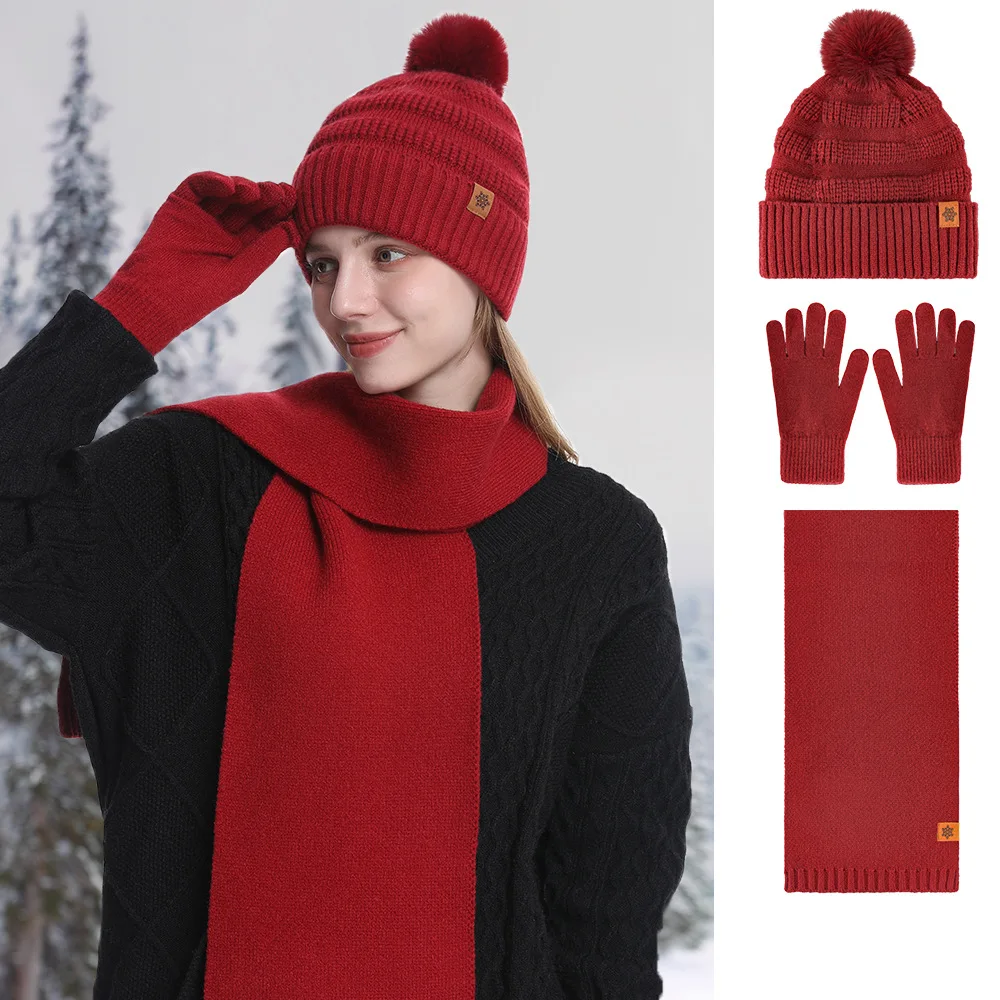 Women's Autumn and Winter Knitted Hat Scarf Gloves Three-piece Set Double-layer Warm Solid Color Wool Pullover Hat