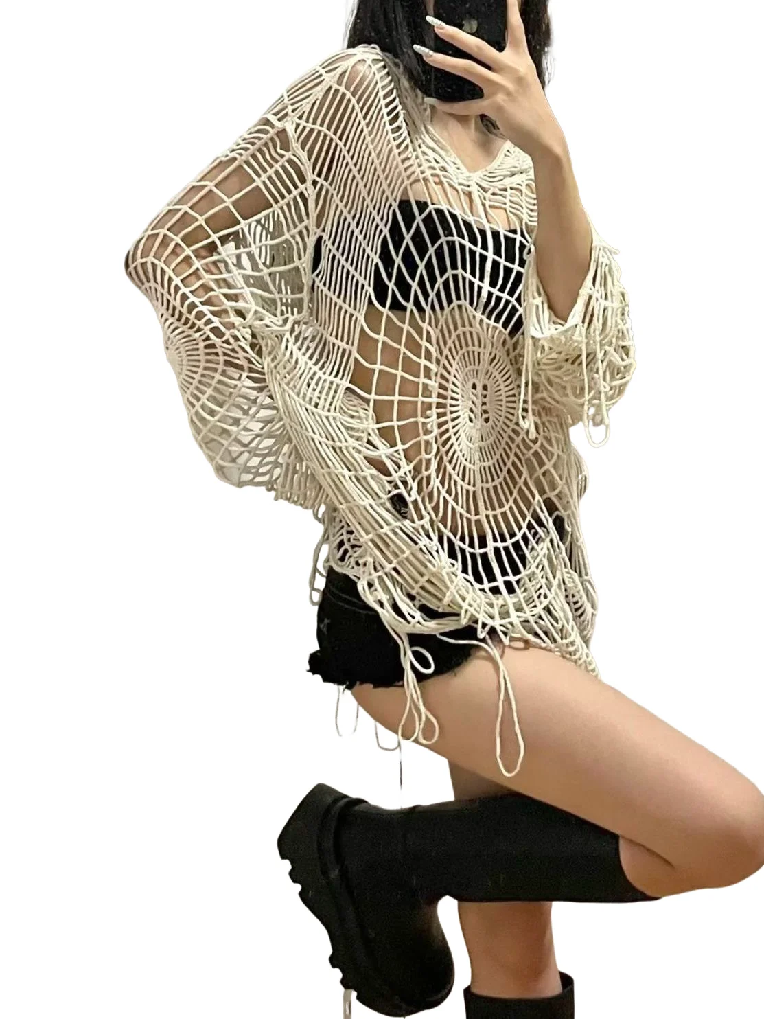 New Hollow Knit Hooded Top Clothes Spider Web Spice Girl Mesh Pullovers Thin Women Korean Fashion Fishing Net Sweaters Gothic
