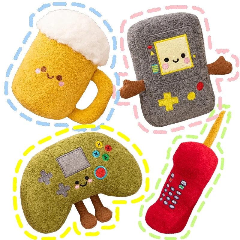Consola de juegos con carita sonriente Kawaii, divertidos dijes de felpa, cerveza de peluche suave, monopatín, Festival, decoración del hogar, regalo creativo para niños, novios