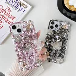 Luxury Diamond Butterfly Rhinestone Case for iPhone, Pearl Flower Bracelet, Cover for iPhone16 15Pro, 14Plus, 13, 12, 11Pro Max