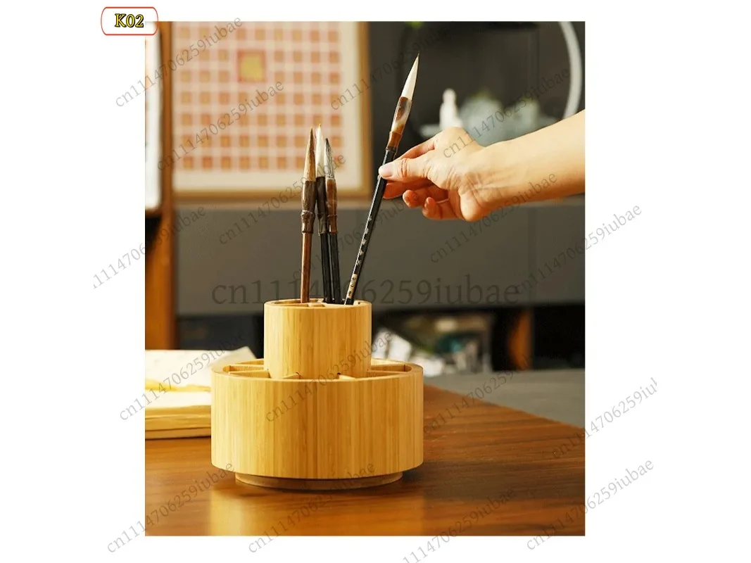 LD_Rotatable Round Bamboo Pen Holder Multifunctional Stationery Storage Box For Student Office Desktop Organizer