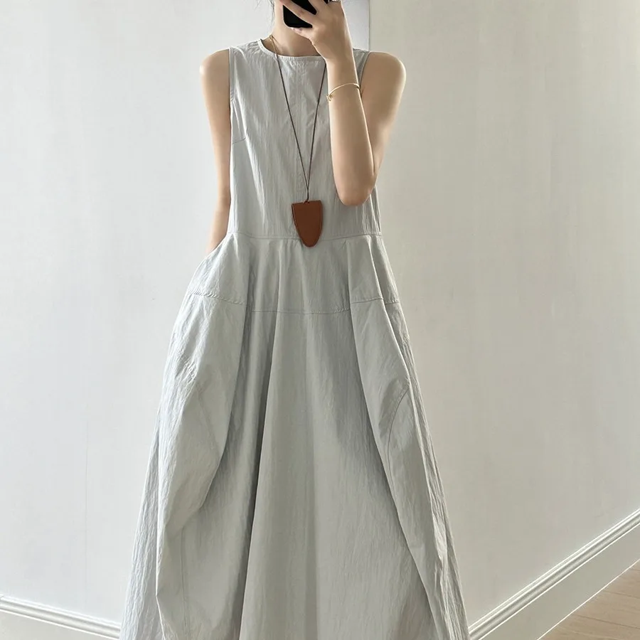 

SuperAen Summer New Korean Style Solid Color Dresses Long Elegant Casual Sleeveless Pullover A-line Dress