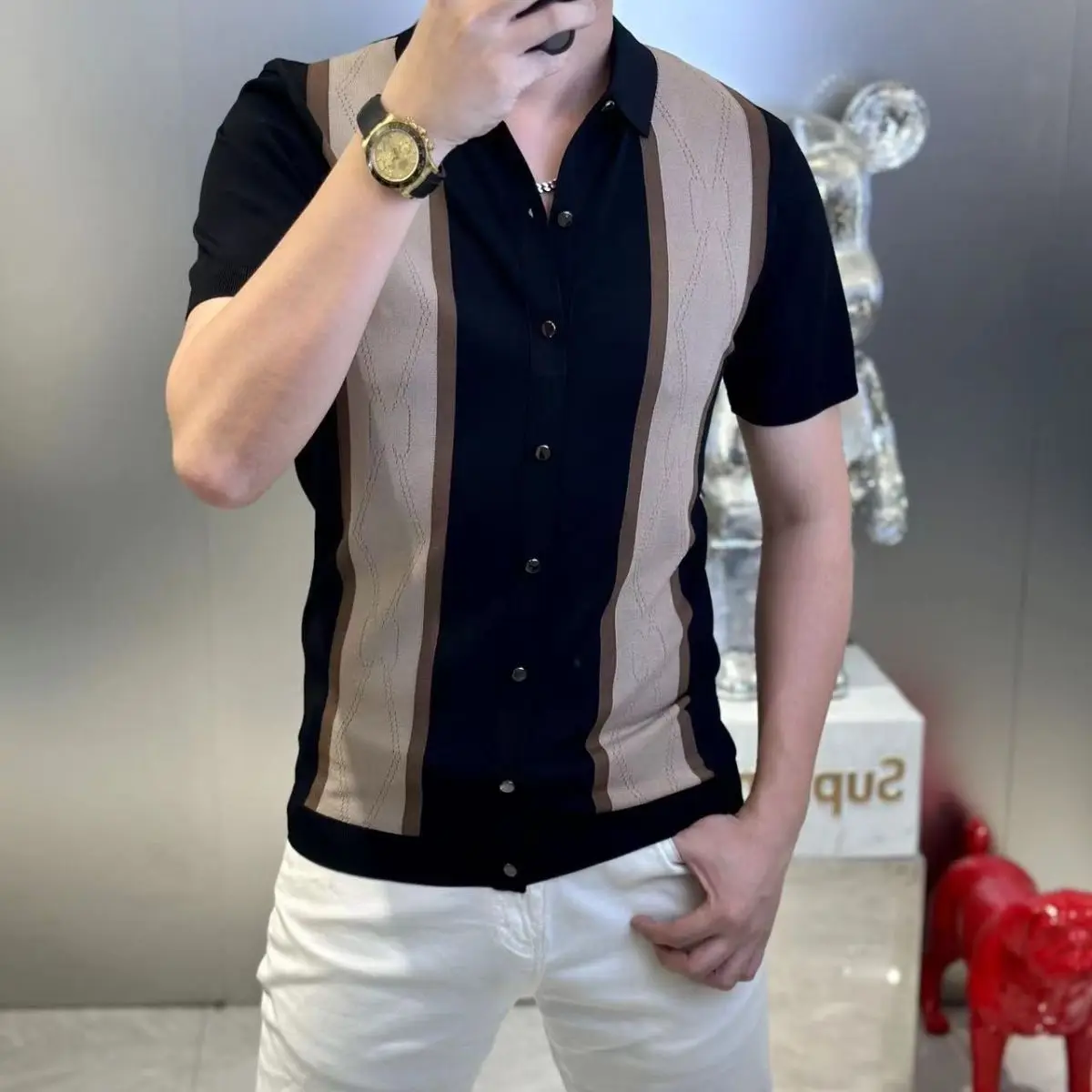 Streetwear Fashion Men Slim Contrasting Colors Shirt Summer Clothing New Business Casual Thin Lapel Versatile Short Sleeve Tops