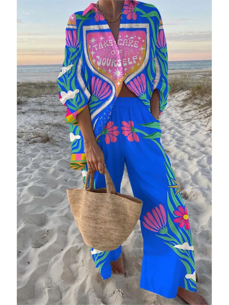 

Fashion Print Beach Holiday 2-Piece Sets Spring Summer Casual Long Sleeve Shirt Top + Wide Leg Pant Women's Two-Piece Outfit