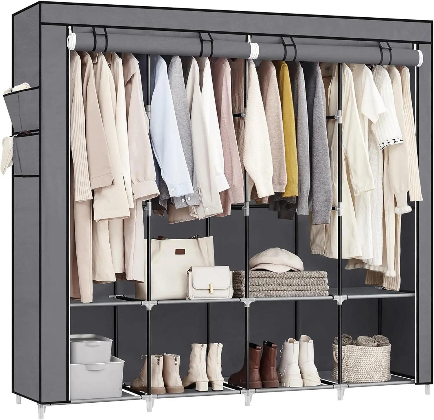 SONGMICS Portable Closet, Wardrobe Closet Organizer with Cover, 4 Hanging Rods and Shelves, 4 Side Pockets, 66.9 x 17.7 x 65.7