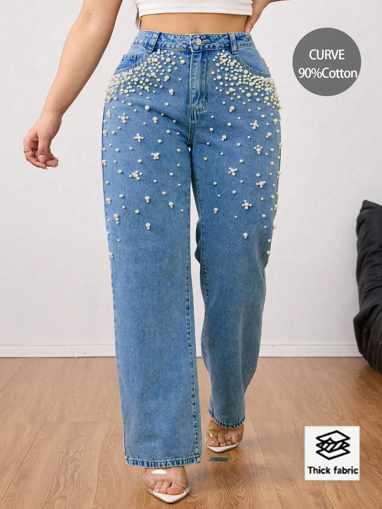 

Женские джинсы прямого кроя больших размеров с декором из искусственного жемчуга, повседневные джинсы с высокой талией