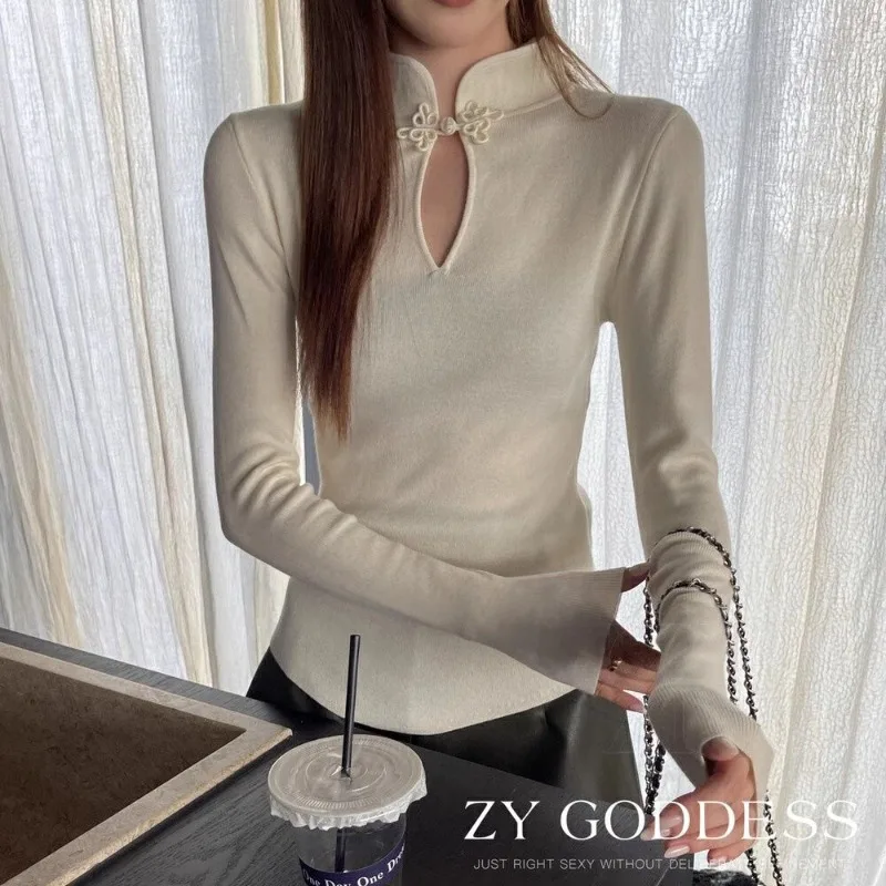 Women Clothes Spring Autumn Fashion Chinese Style Button Solid Color Ladies Indie Folk Appear Thin Temperament Long Sleeve Tops