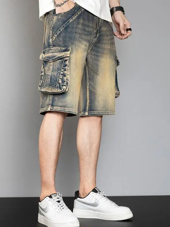 Men Jeans Multi Pocket Summer Loose Male Distressed Wide Leg Knee Length Shorts Washed Fashion Denim Shorts