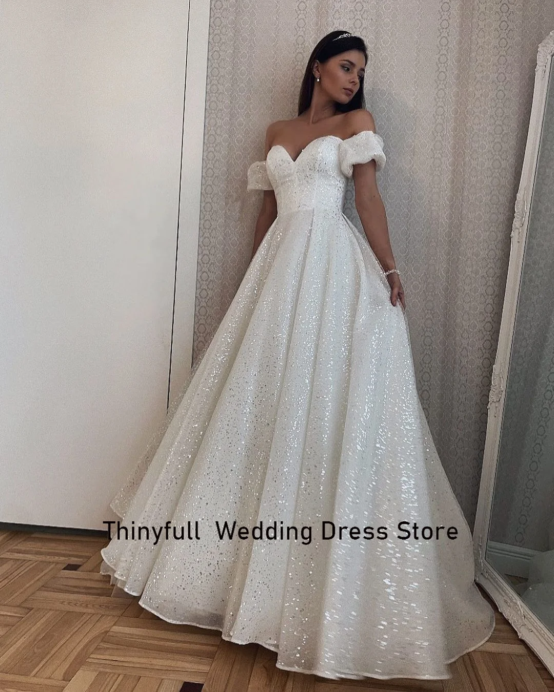 Thinyfull-Vestido De Novia con purpurina, traje elegante De manga corta con hombros descubiertos y escote corazón, para Novia