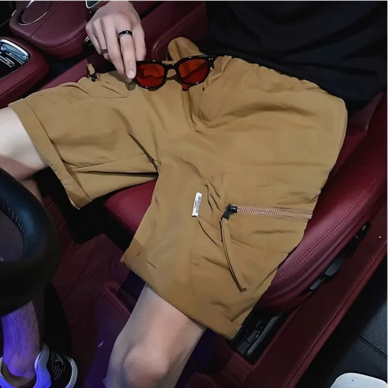 

Wide Loose Mens Cargo Shorts Short Pants for Men Solid with Zipper Elastic Waist Draw String Baggy Pockets Japanese Street Style