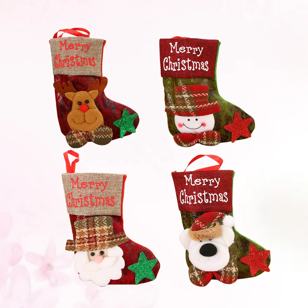 

4pcs Christmas Socks Xmas Stockings For Tree Fireplace Wall Door Decor Holiday Party Gifts Home Office Decoration Santa Elk